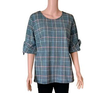 Jules and Leopold Tartan Plaid Top L Black Red 3/4 Flare Tie Sleeve Blouse